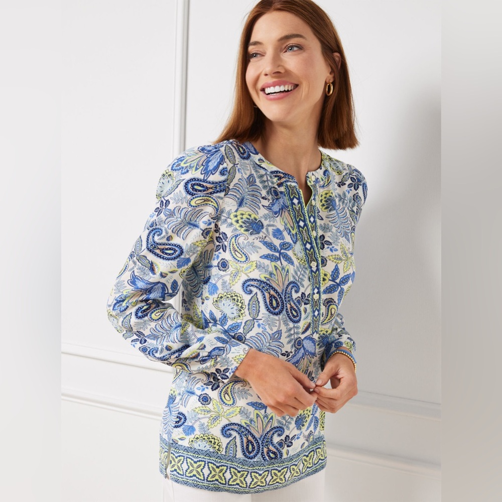 Talbots Blue, Green and White Paisley Notch-Neck Blouse